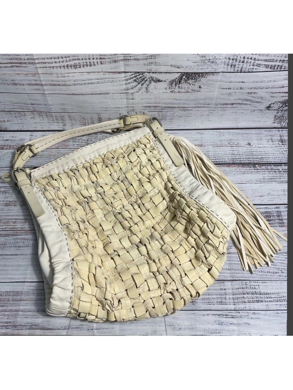 Woven Fringe Shoulder Bag in Cream Henry Benuelin Intrecciato